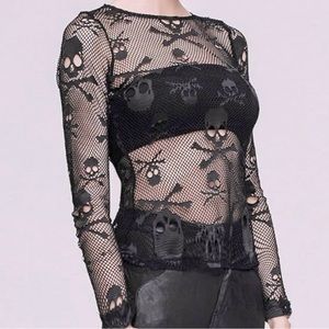Black skull mesh long sleeve top
